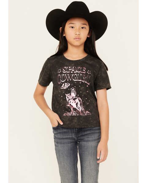 Image #1 - Self Esteem Girls' Space Cowgirl Short Sleeve Graphic Tee, Black, hi-res