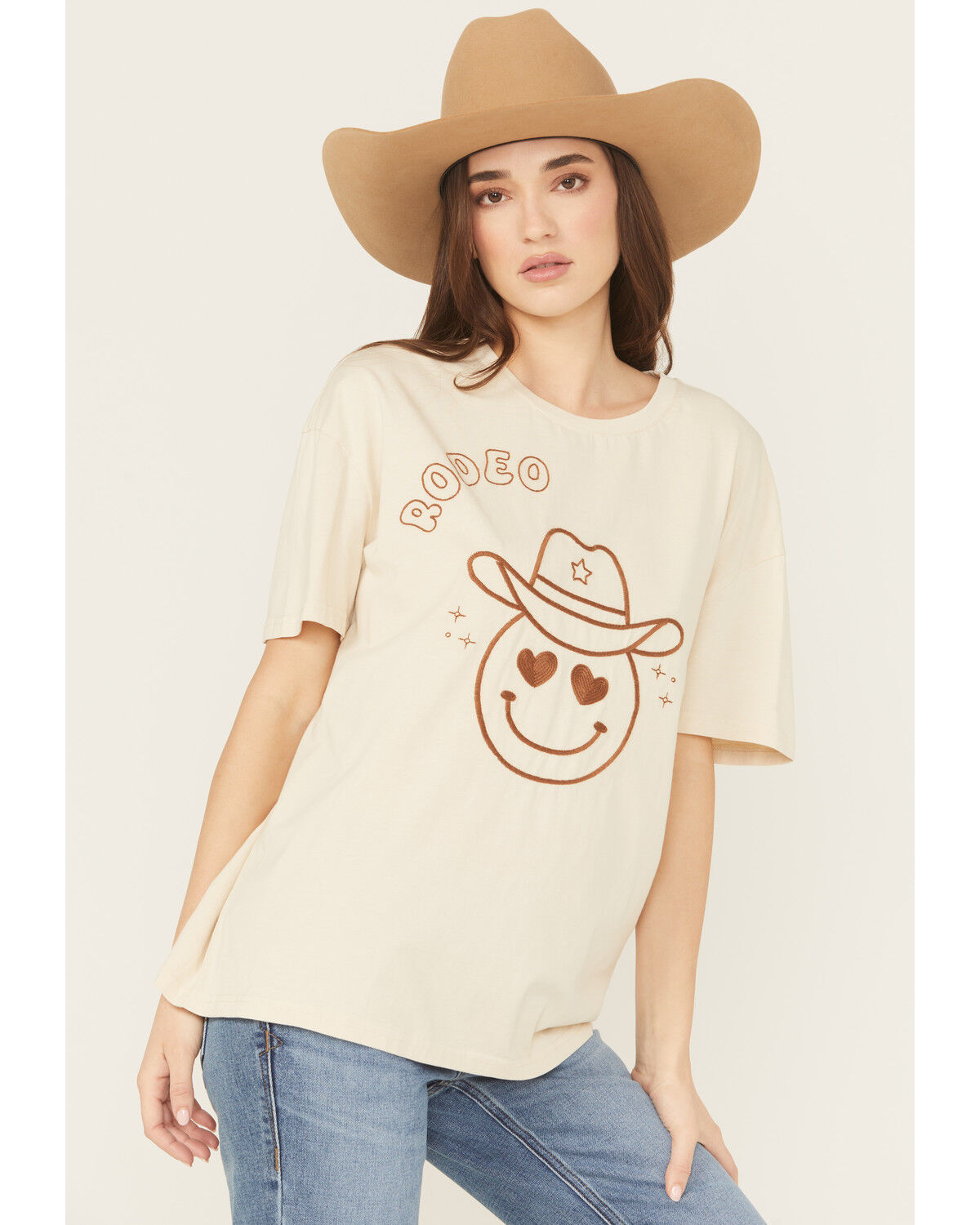 Image #1 - Blue B Women's Embroidered Smiley Rodeo Short Sleeve Graphic Tee, Brown, hi-res