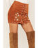 Shyanne Women's Faux Suede Floral Button Front Southwestern Mini Skirt, Brown, hi-res