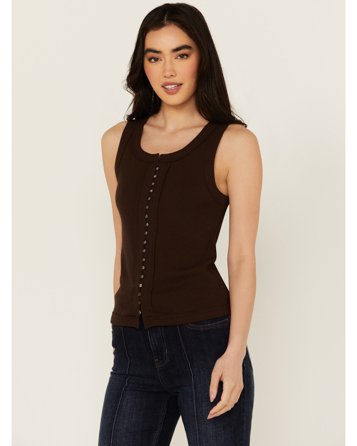 Image #1 - Idyllwind Women's Edna Button Front Ribbed Tank, Dark Brown, hi-res
