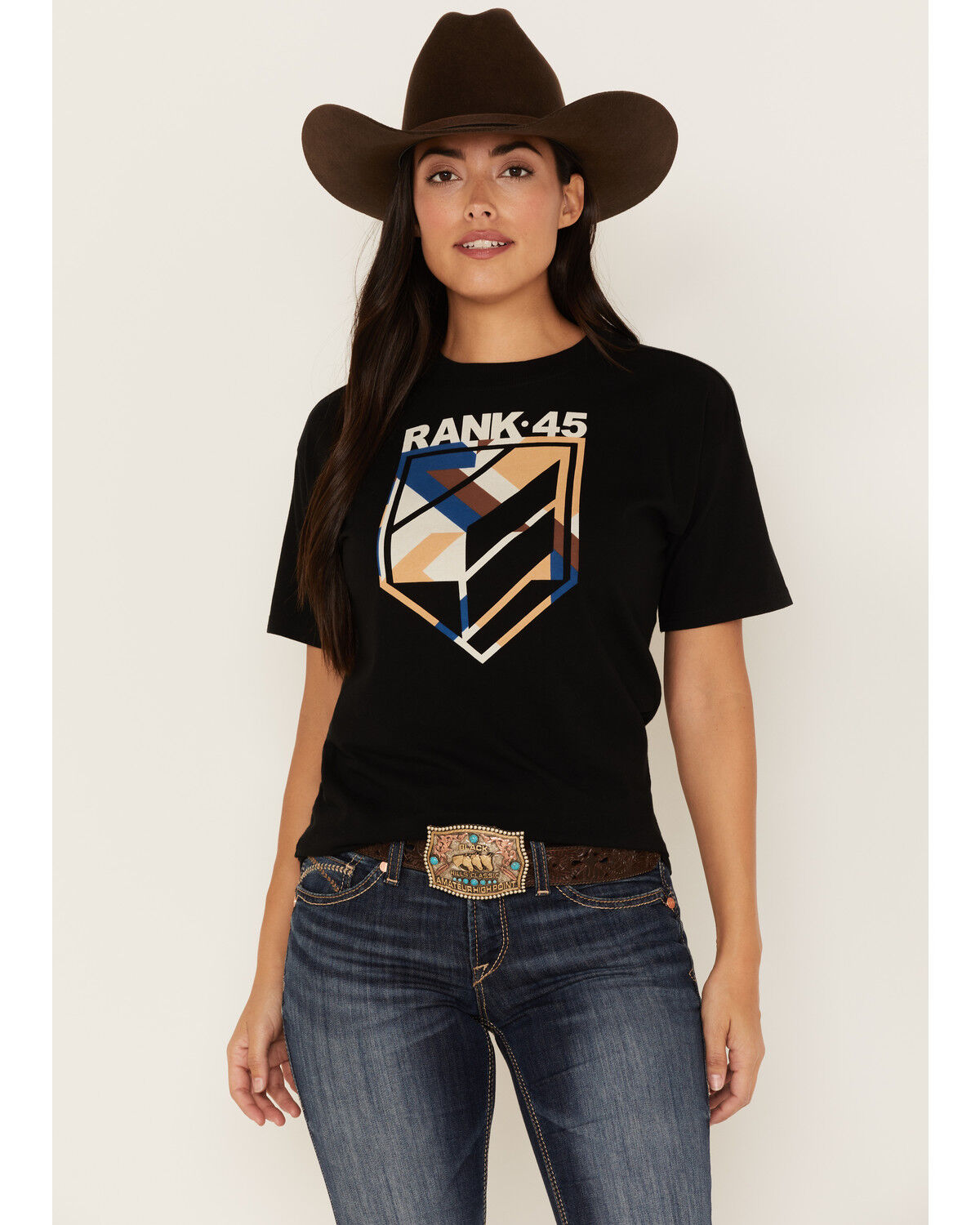 Image #1 - RANK 45® Women's Emblem Logo Graphic Tee, Black, hi-res