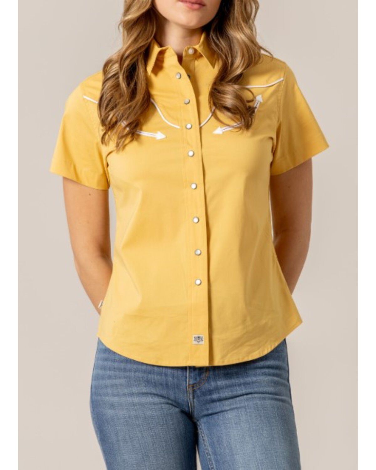 Image #1 - Kimes Ranch Women's Long Horn Short Sleeve Pearl Snap Western Shirt, Gold, hi-res