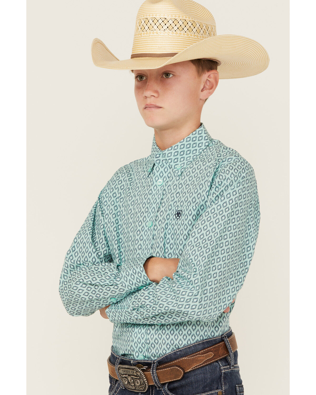 Image #2 - Ariat Boys' Geo Print Long Sleeve Button-Down Western Shirt, Mint, hi-res