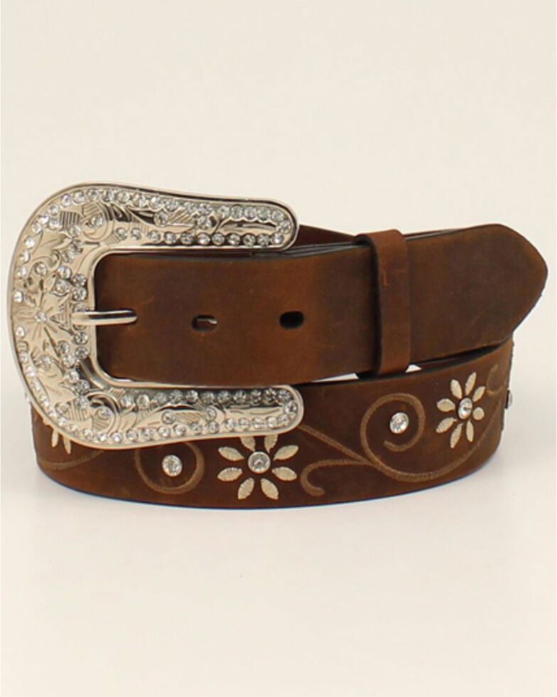Shyanne Women's Floral Embroidery & Stones Western Belt, Brown, hi-res