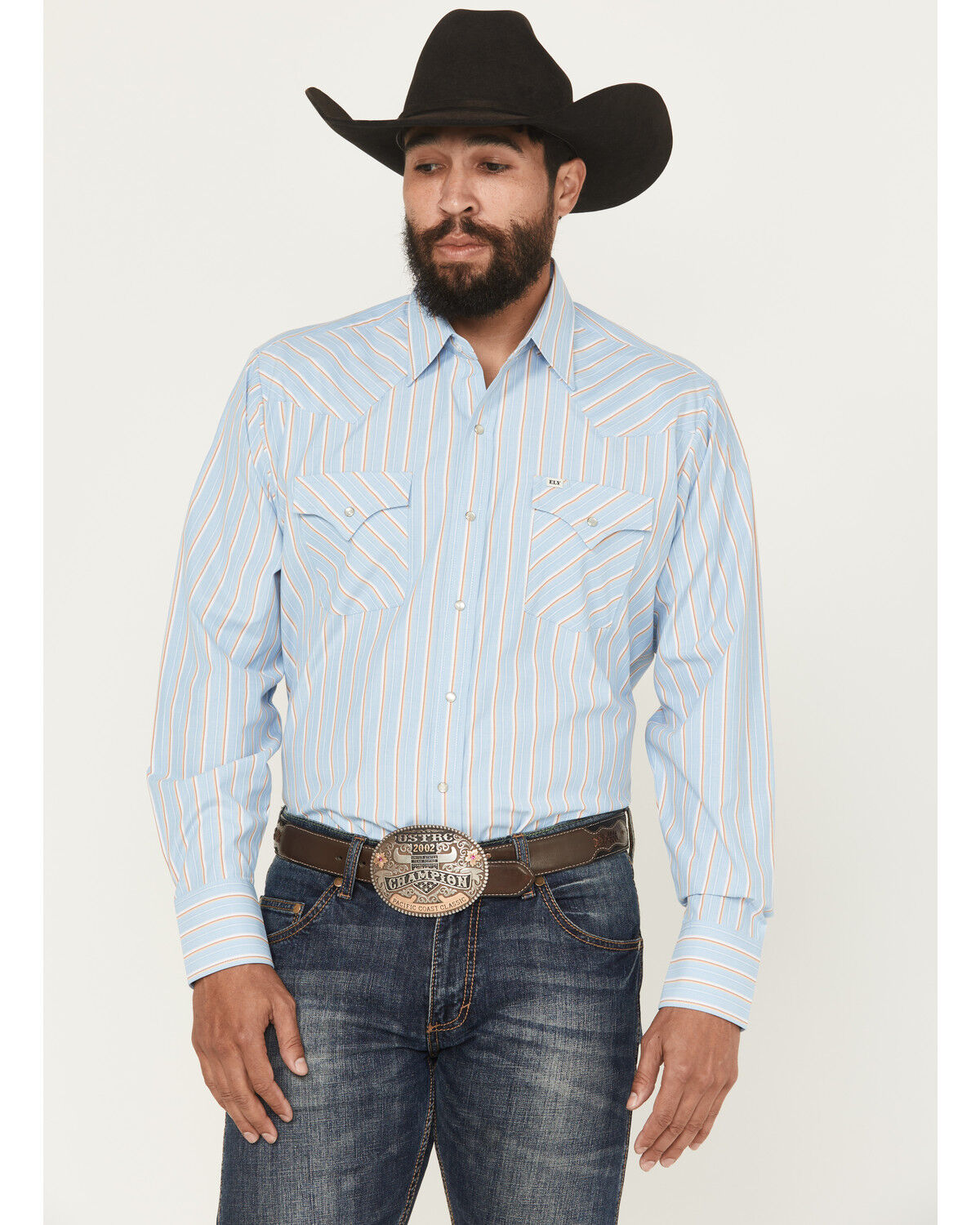 Image #1 - Ely Walker Men's Striped Print Long Sleeve Snap Western Shirt, Blue, hi-res