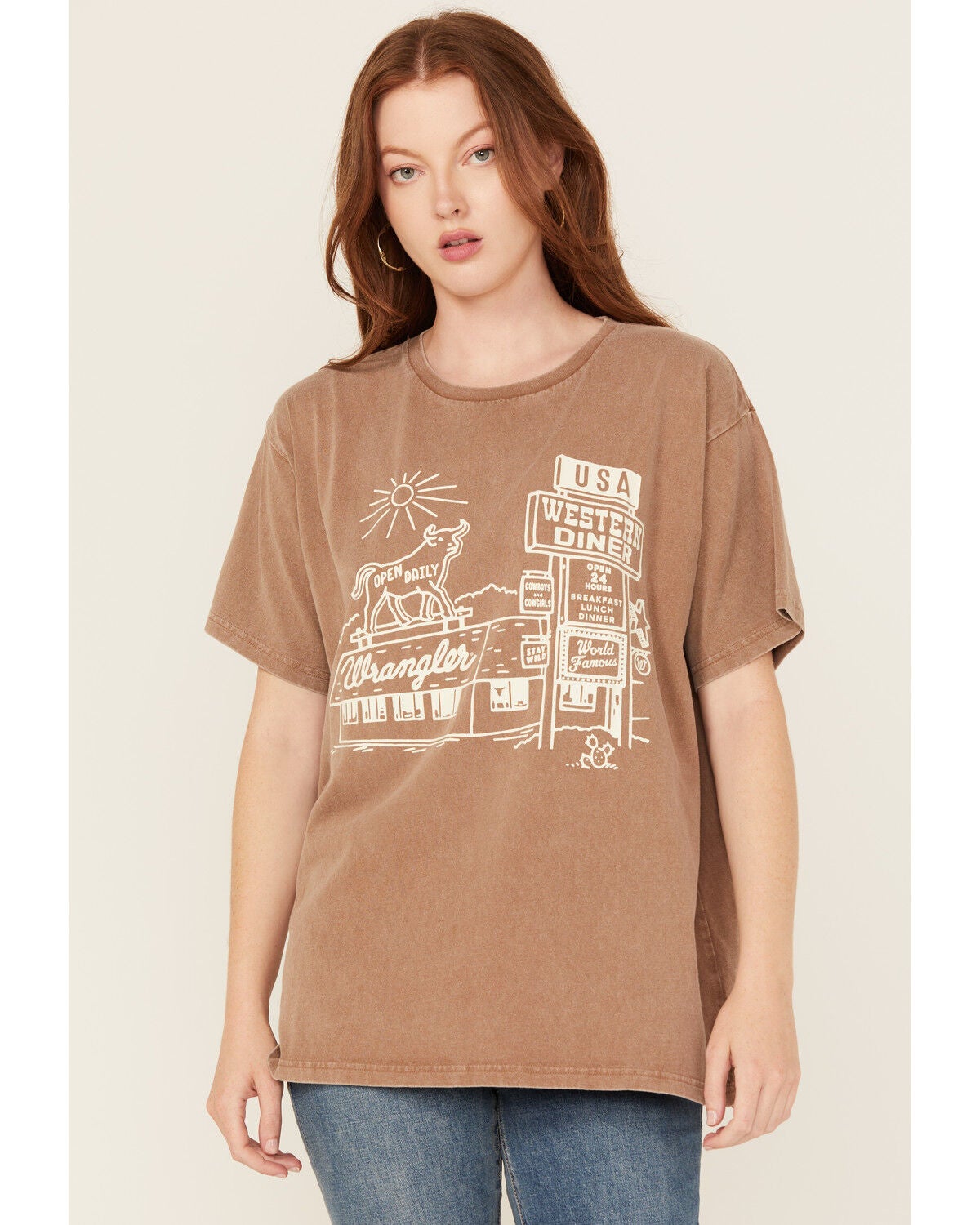 Wrangler Women's Western Diner Short Sleeve Graphic Tee, Brown, hi-res