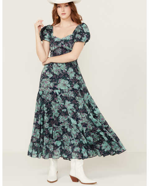 Free People Women's Sundrenched Floral Short Sleeve Maxi Dress , Green, hi-res