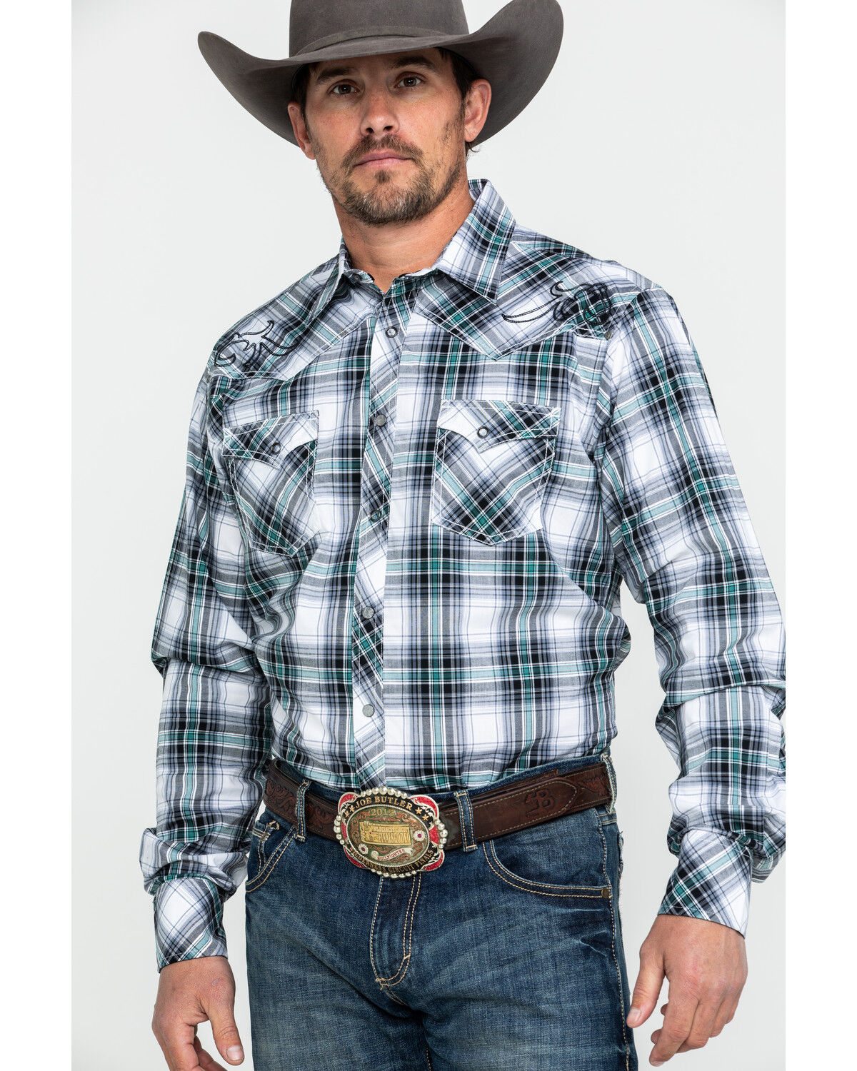 Image #1 - Rock 47 By Wrangler Men's Black Embroidered Plaid Long Sleeve Western Shirt  , , hi-res