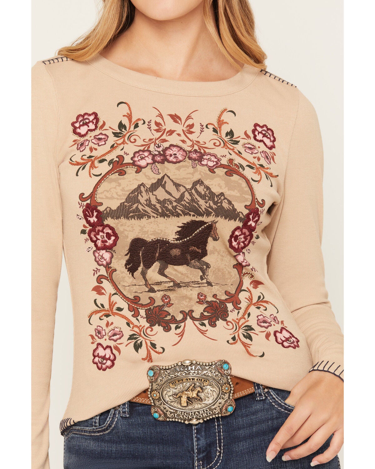 Image #3 - Shyanne Women's Horse Embroidered Long Sleeve Graphic Top, Khaki, hi-res