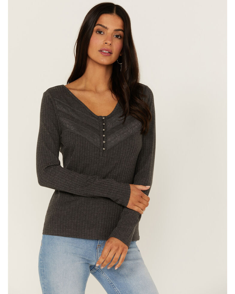 Idyllwind Women's Rolling Meadows Charcoal Long Sleeve Henley Top , Charcoal, hi-res