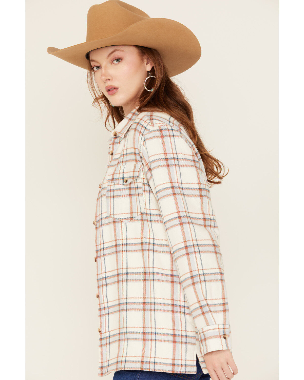 Image #2 - Ely Walker Women's Plaid Print Sherpa Lined Button-Down Shacket, Stone, hi-res