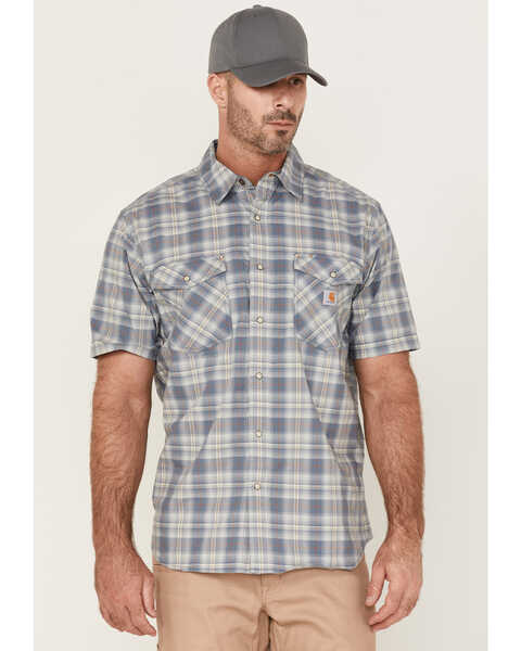 Carhartt Men's Plaid Print Relaxed Fit Short Sleeves Snap Work Shirt , Blue, hi-res