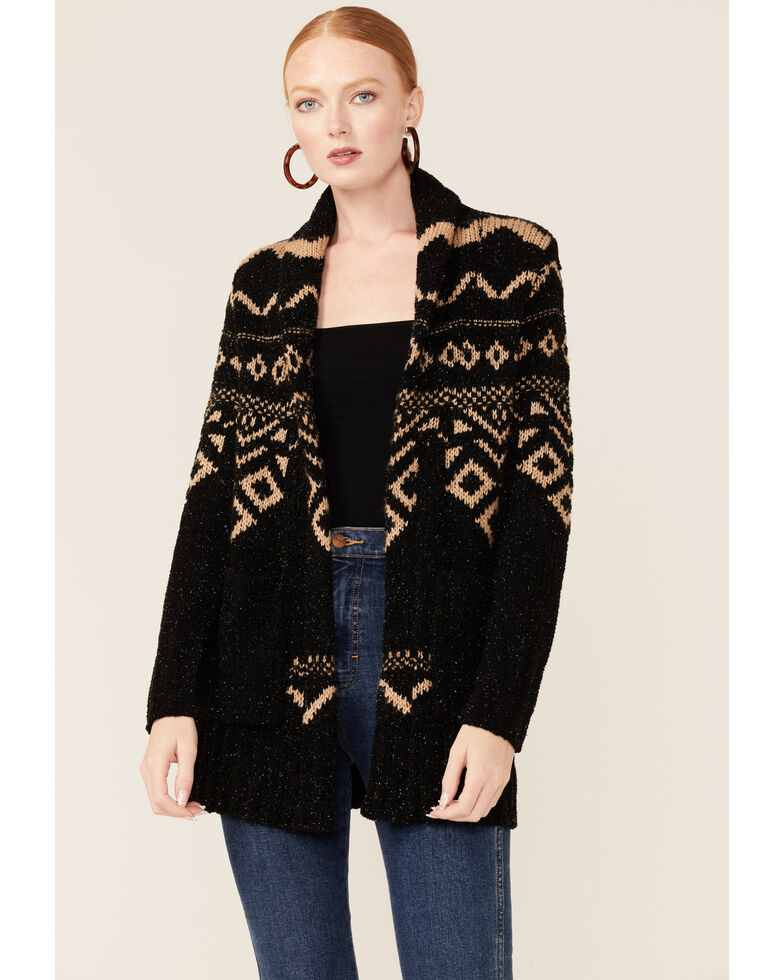 Shyanne Women's Black & Tan Southwestern Cardigan Sweater, Black, hi-res