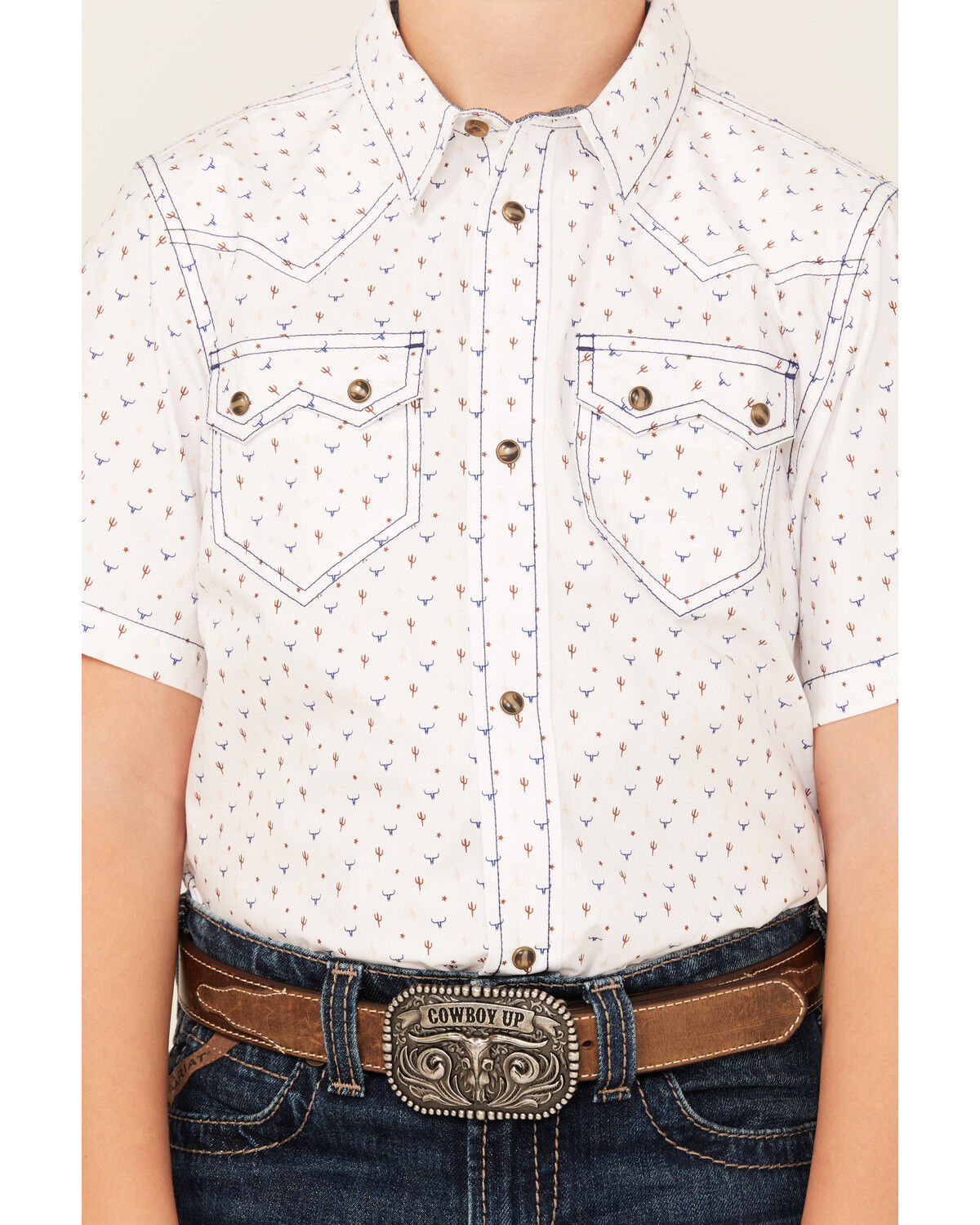 Image #3 - Cody James Boys' Bull Cactus Print Short Sleeve Snap Western Shirt, White, hi-res