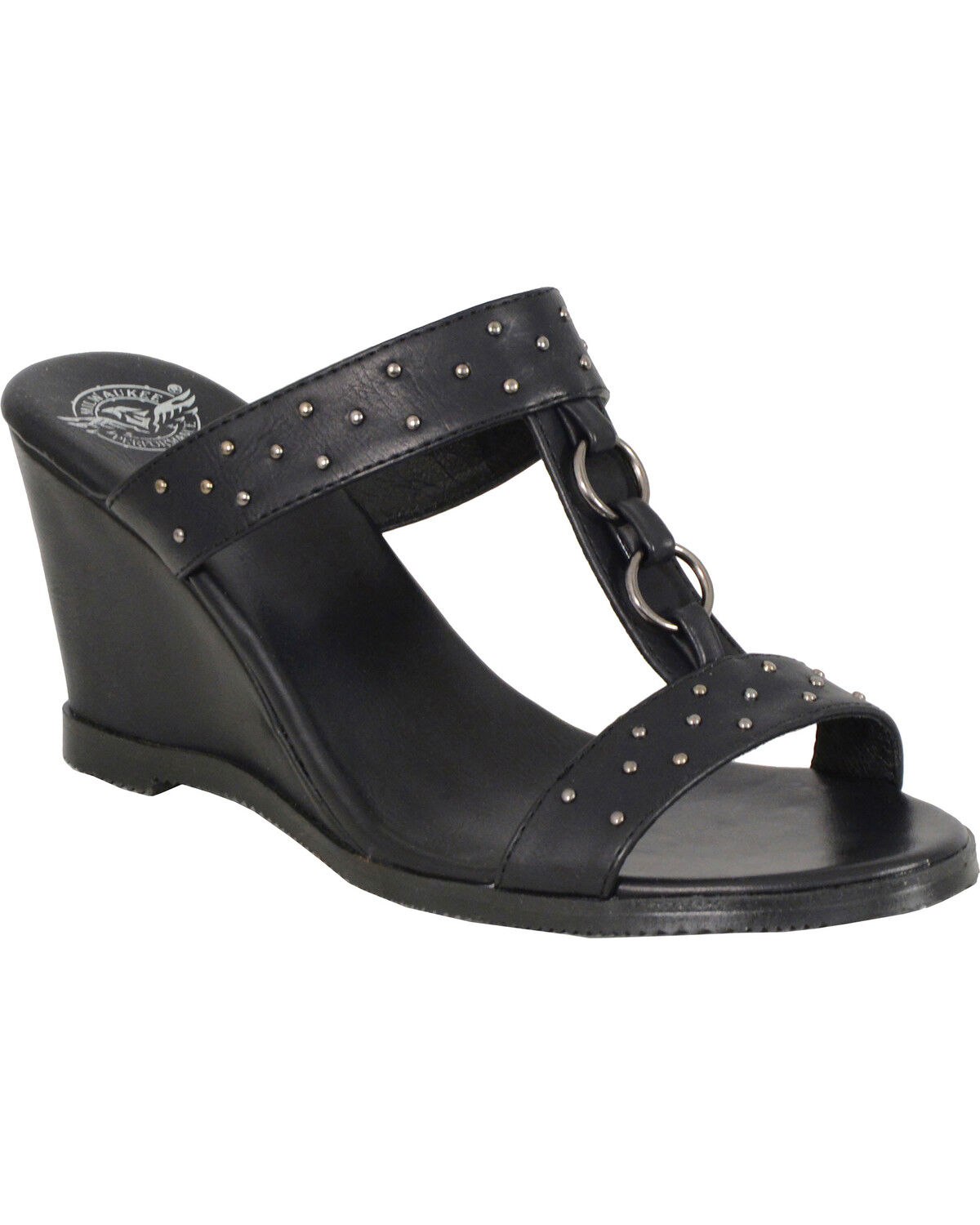 Image #1 - Milwaukee Leather Women's Studded Double Strap Wedge Sandals, Black, hi-res