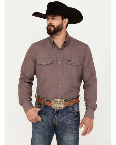 Wrangler Men's Solid Long Sleeve Performance Snap Western Shirt, Brown, hi-res