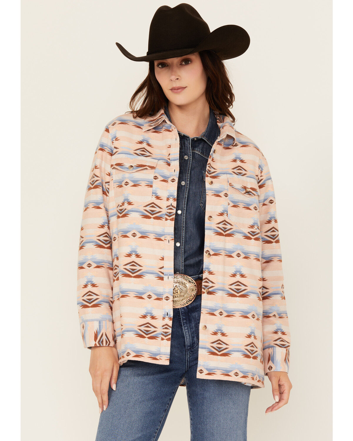 Image #1 - Ely Walker Women's Southwestern Print Sherpa Lined Shacket, Multi, hi-res