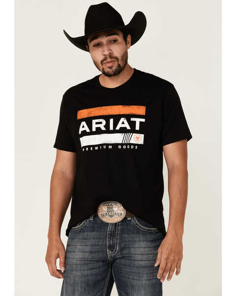 Image #1 - Ariat Men's Black Bar Stripe Logo Short Sleeve T-Shirt , Black, hi-res