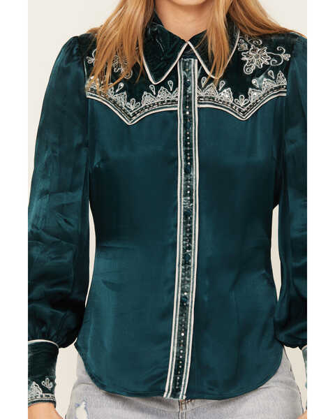 Image #3 - Shyanne Women's Embellished Velvet Long Sleeve Button-Down Western Shirt, Deep Teal, hi-res
