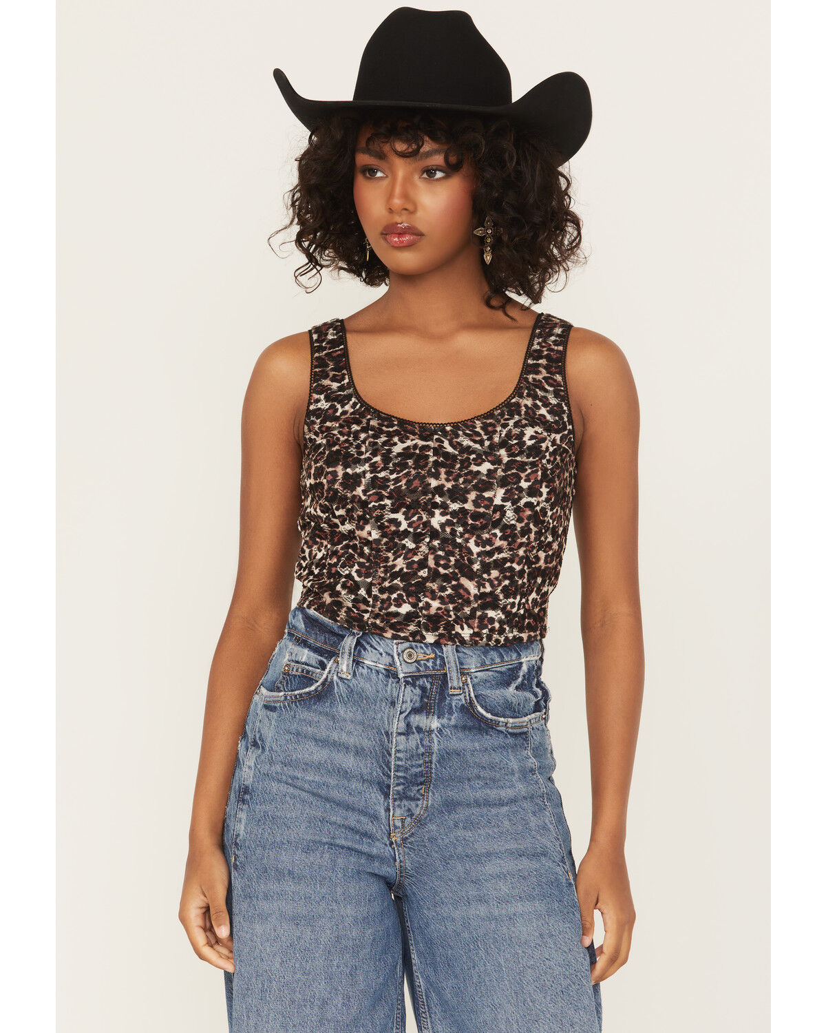 Image #1 - Originality Women's Lace Leopard Print Corset Top, Brown, hi-res