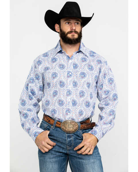 Image #1 - Tuf Cooper Men's Stretch Paisley Print Long Sleeve Western Shirt , Blue, hi-res