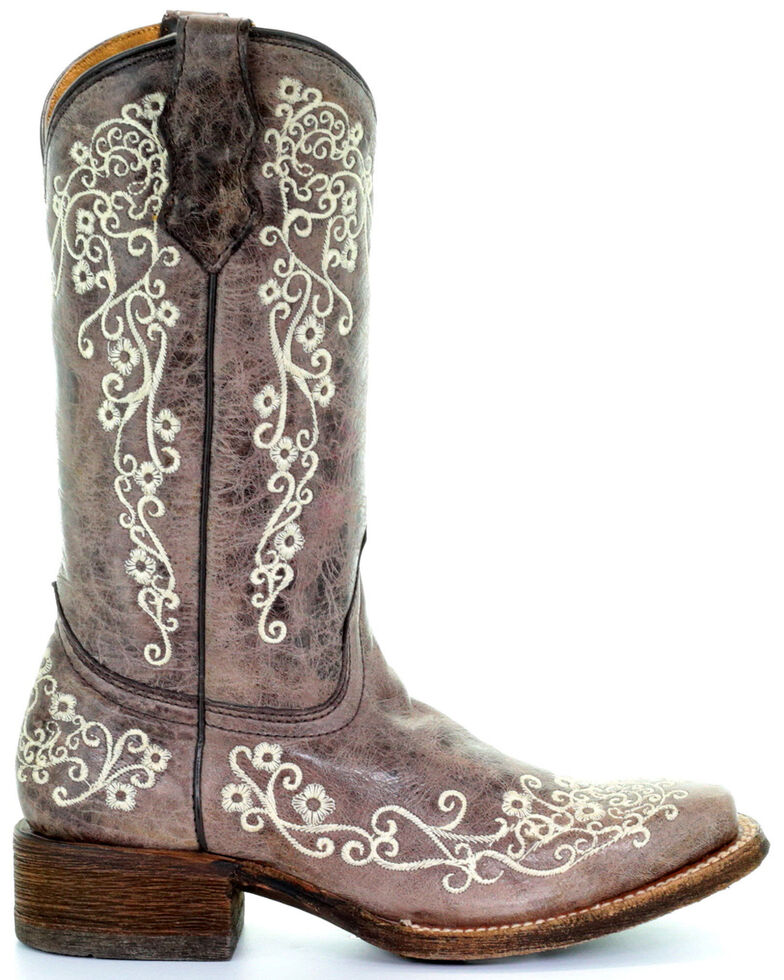 Corral Girls' Crater Bone Embroidered Western Boots - Square Toe, Brown, hi-res
