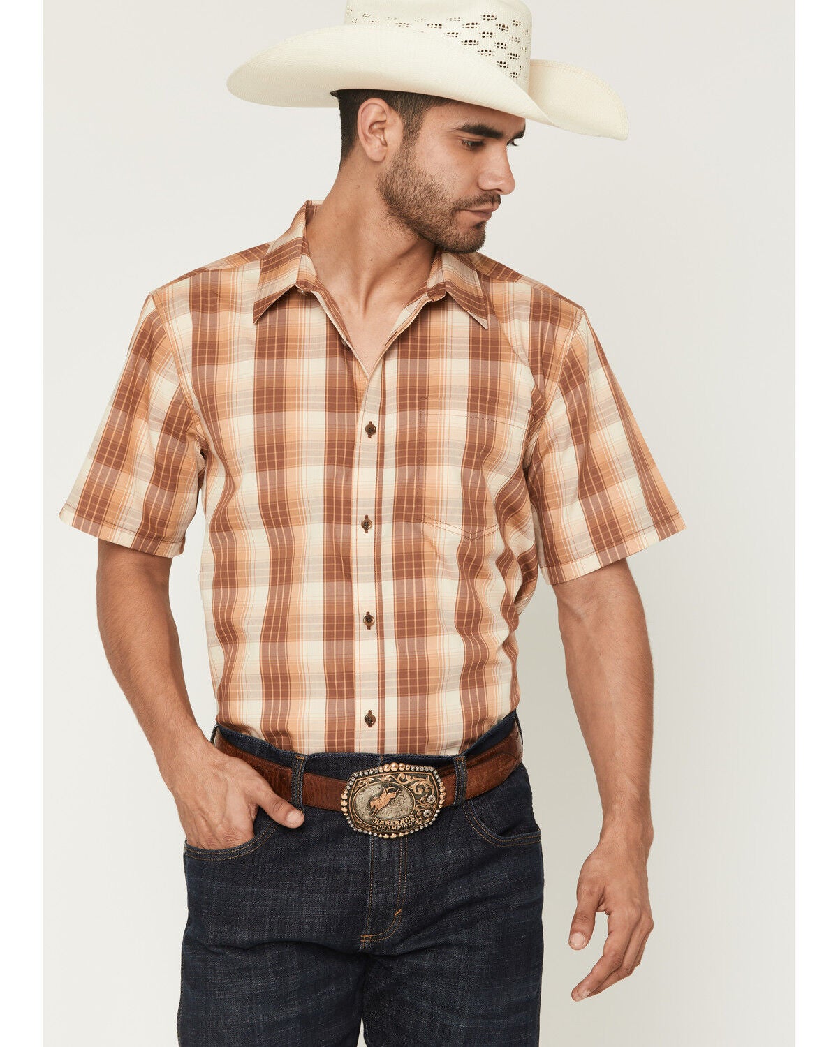 Gibson Trading Co Men's Bandit Blue Plaid Print Short Sleeve Button-Down Western Shirt, Brown, hi-res