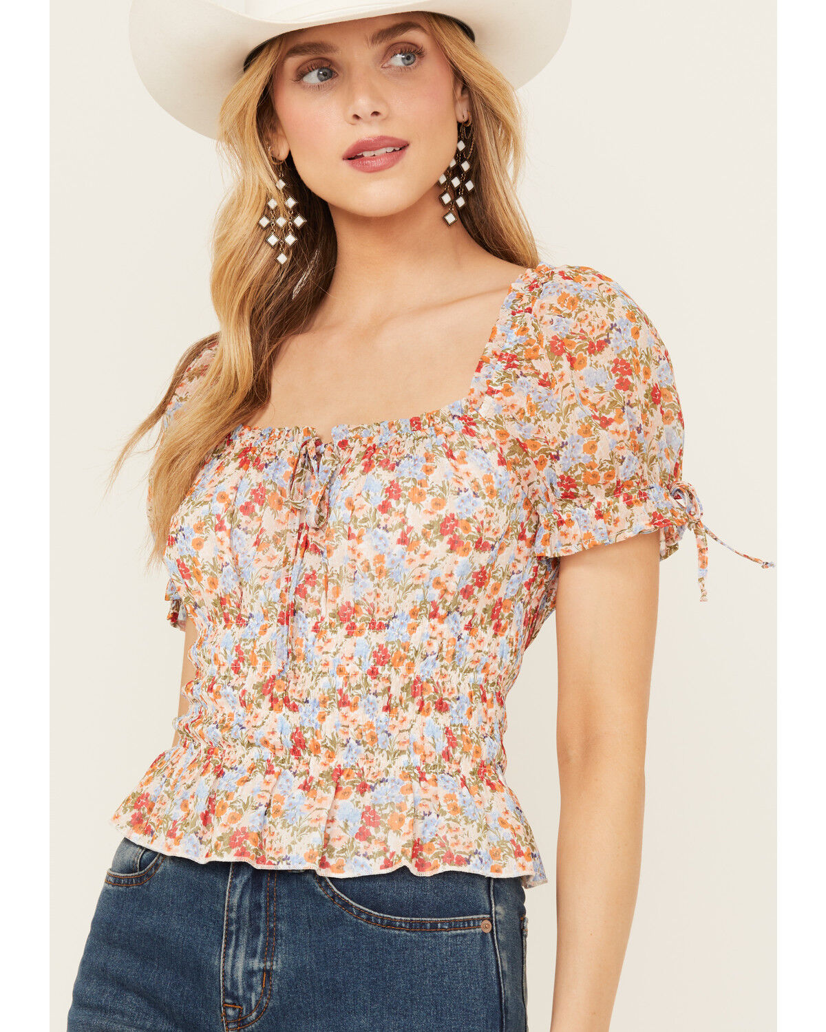 Image #2 - Ash & Violet Women's Short Sleeve Floral Smocked Crop Top, Multi, hi-res