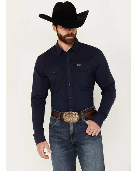 Image #1 - Kimes Ranch Men's Blackout Long Sleeve Snap Western Shirt, Navy, hi-res