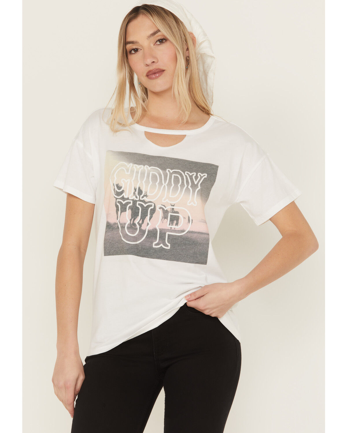 Image #1 - Blended Women's Giddy Up Photo Short Sleeve Graphic Tee, White, hi-res