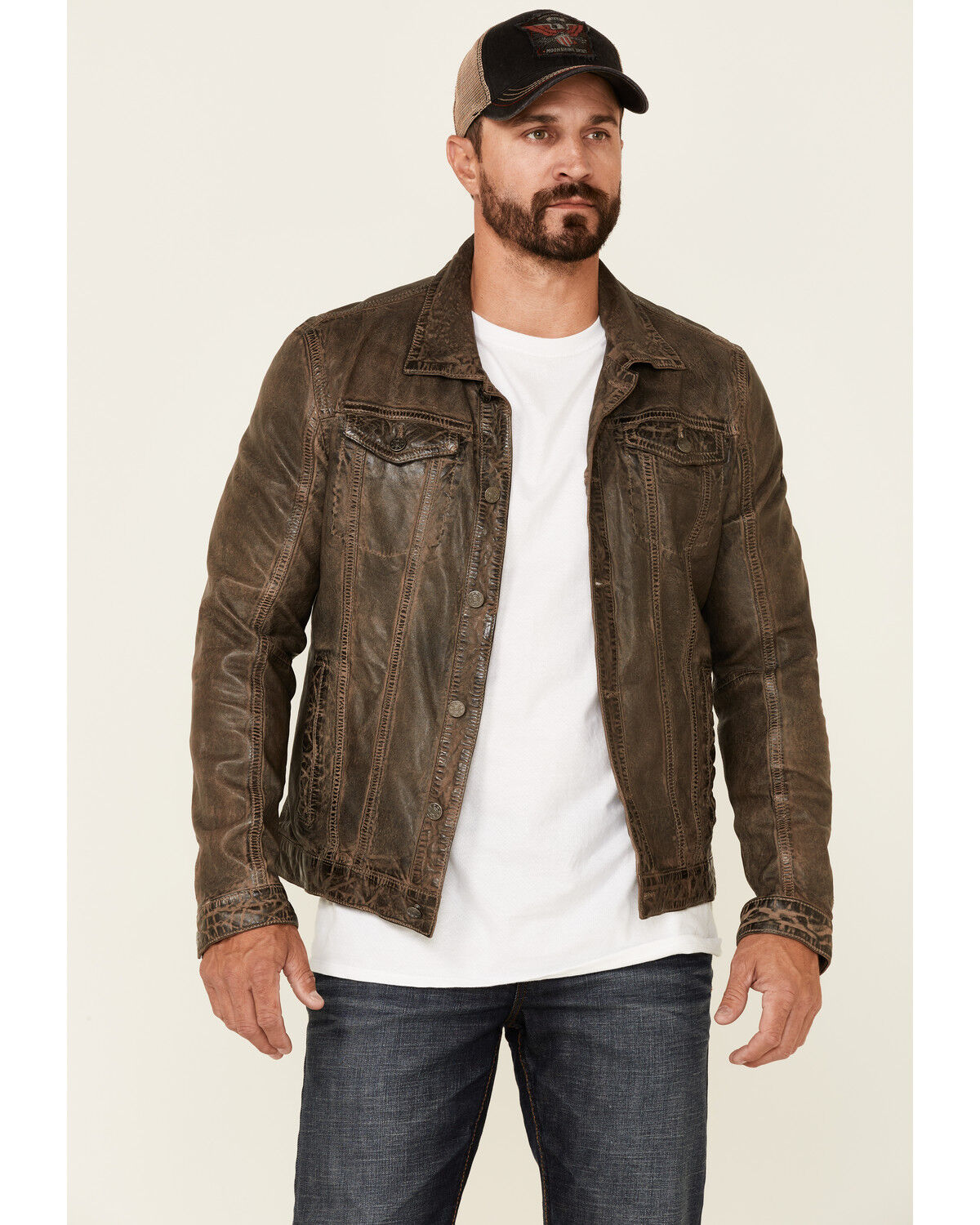 Image #1 - Mauritius Leather Men's Geoff Zip-Front Distressed Trucker Leather Jacket, Brown, hi-res