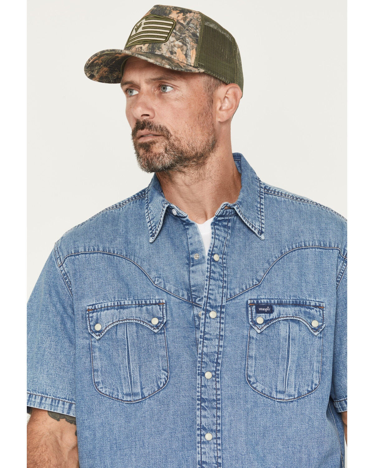 Image #2 - Wrangler Men's Brushpopper Vintage Denim Short Sleeve Snap Western Shirt, Medium Wash, hi-res