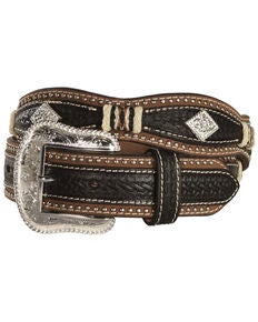 Mens Western Leather Belt - Genuine Cowhide, Embossed Scalloped Design, Concho Buckle, Black, 40 Inch