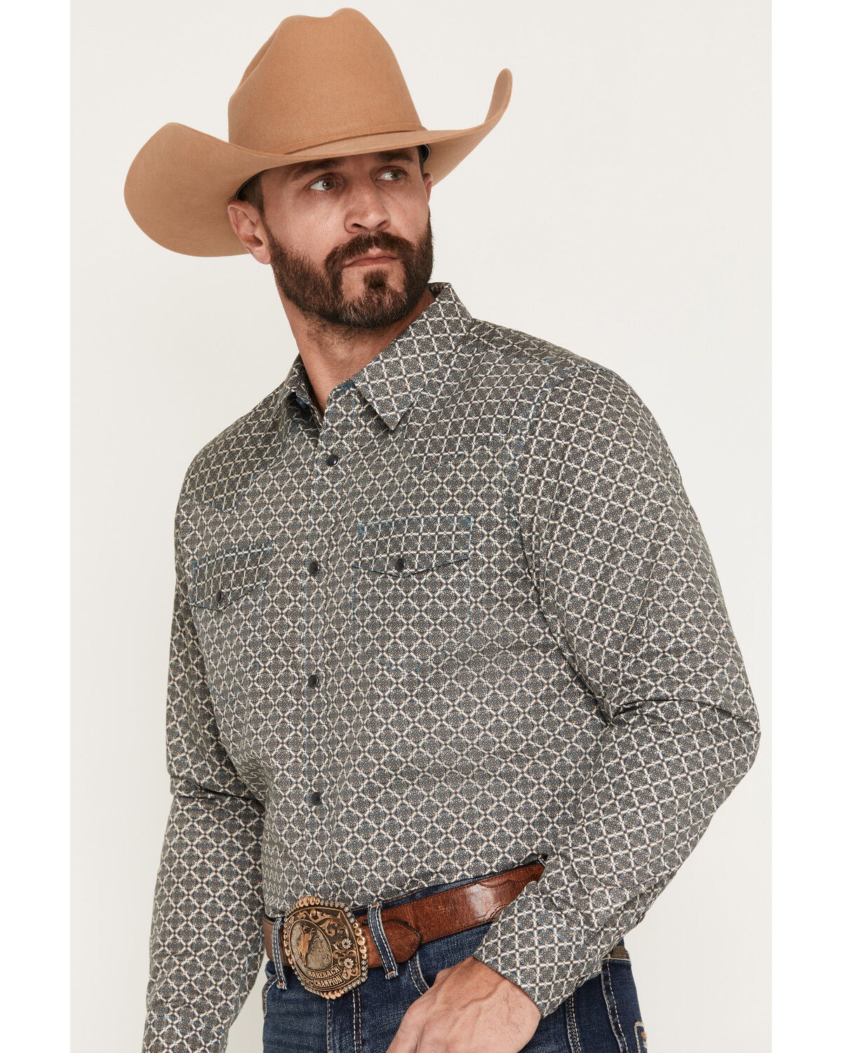 Image #2 - Gibson Trading Co Men's YeeHaw Medallion Print Long Sleeve Snap Western Shirt, Blue, hi-res