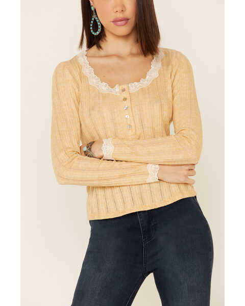 Wild Moss Women's Ribbed Knit Henley Lace Long Sleeve Top , Yellow, hi-res