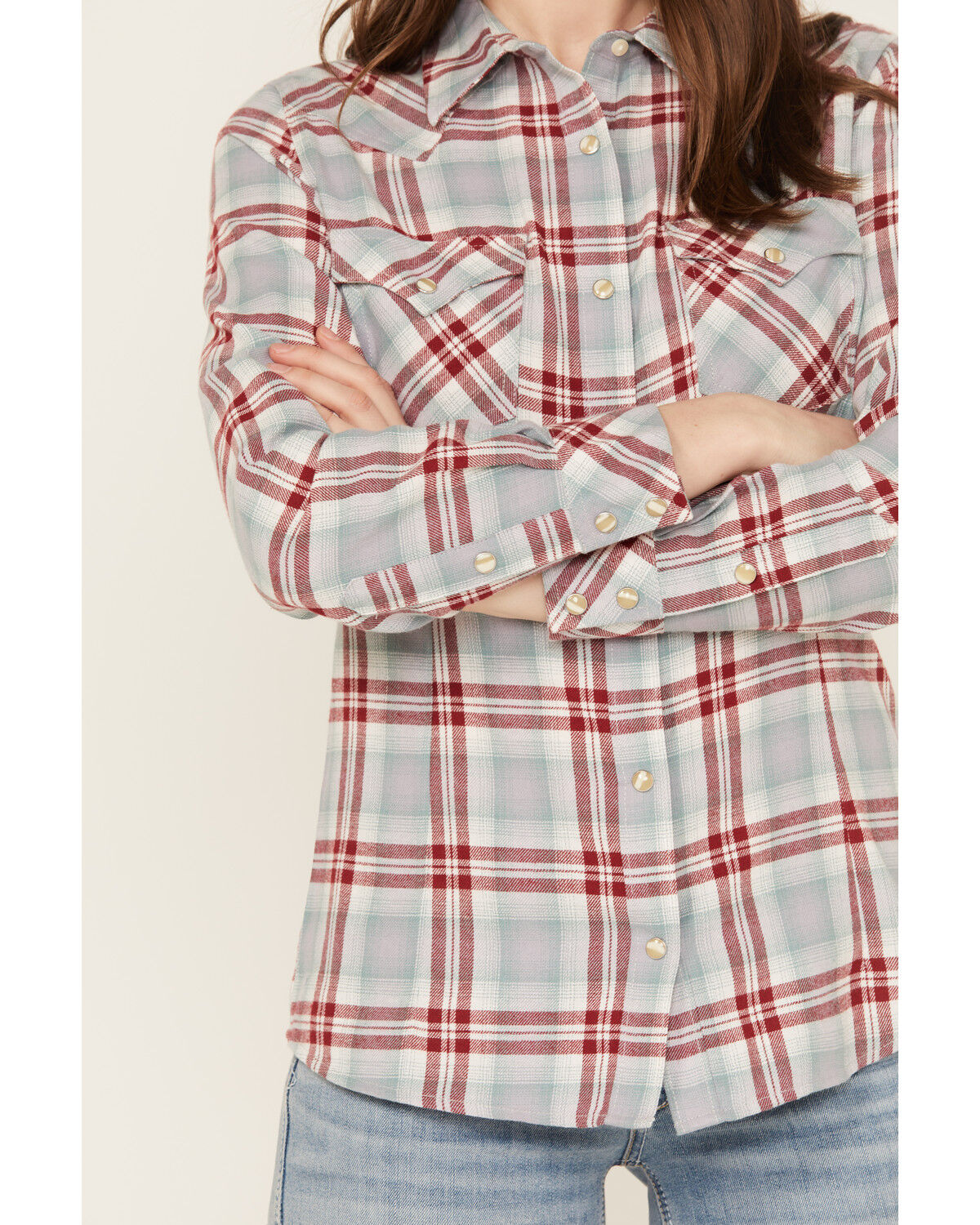 Image #3 - Wrangler Retro Women's Boot Barn Exclusive Long Sleeve Snap Western Flannel Shirt, Steel Blue, hi-res