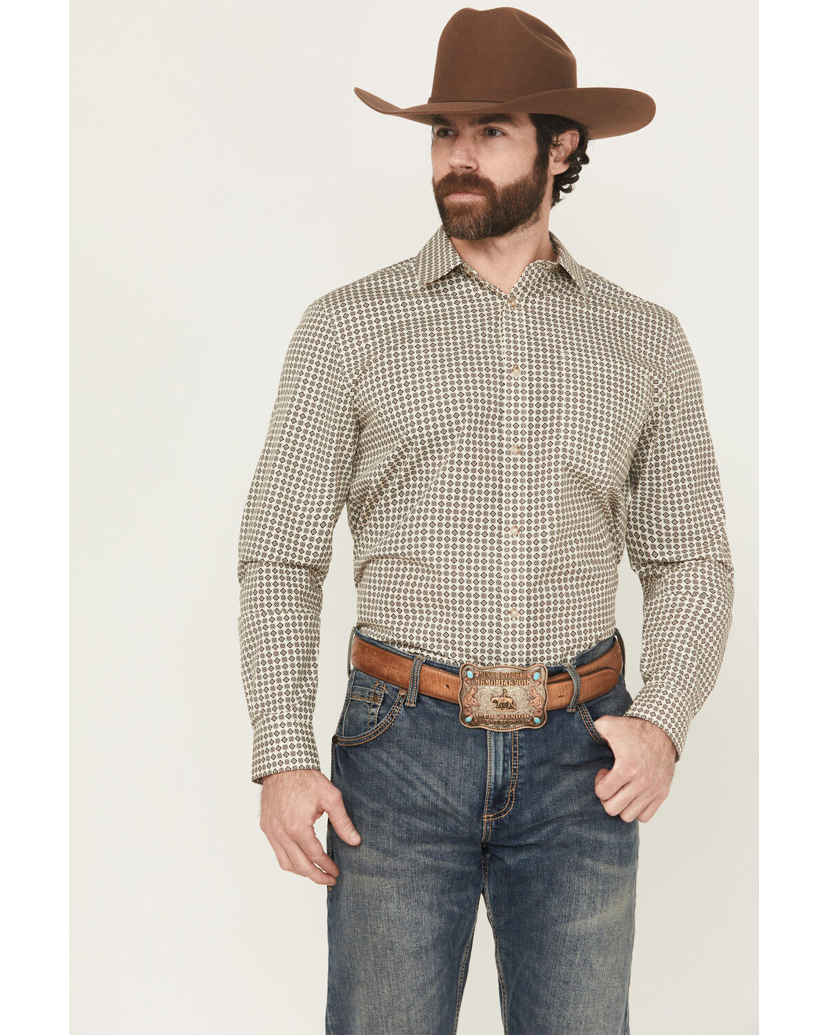 Image #1 - Gibson Trading Co Men's Bullseye Geo Print Long Sleeve Button-Down Western Shirt, Ivory, hi-res