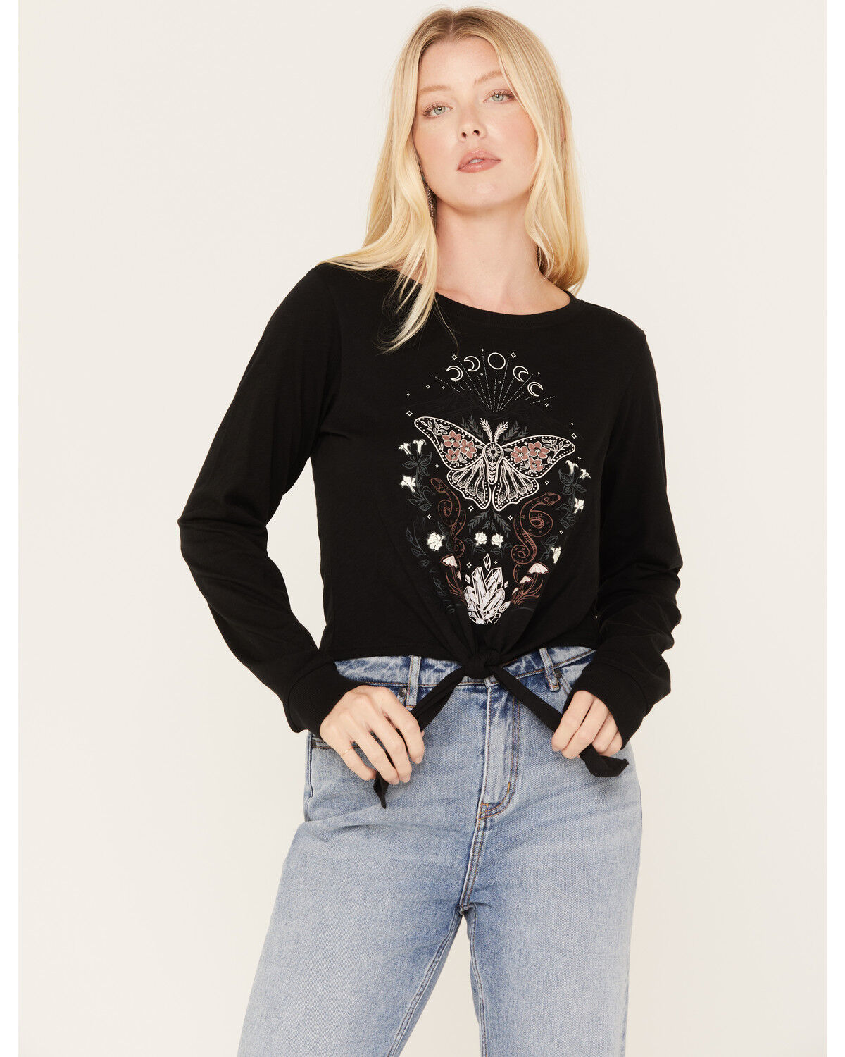 Image #1 - Shyanne Women's Tie-Front Butterfly Graphic Long Sleeve Tee, Black, hi-res