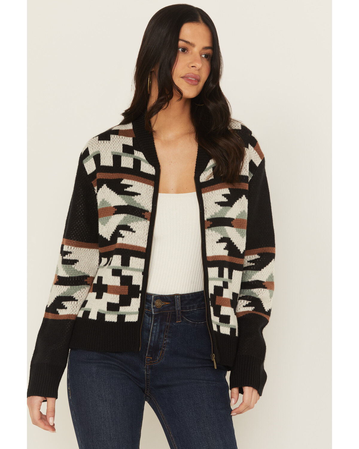 Image #1 - Wrangler Retro Women's Southwestern Print Zippered Cardigan, Black, hi-res