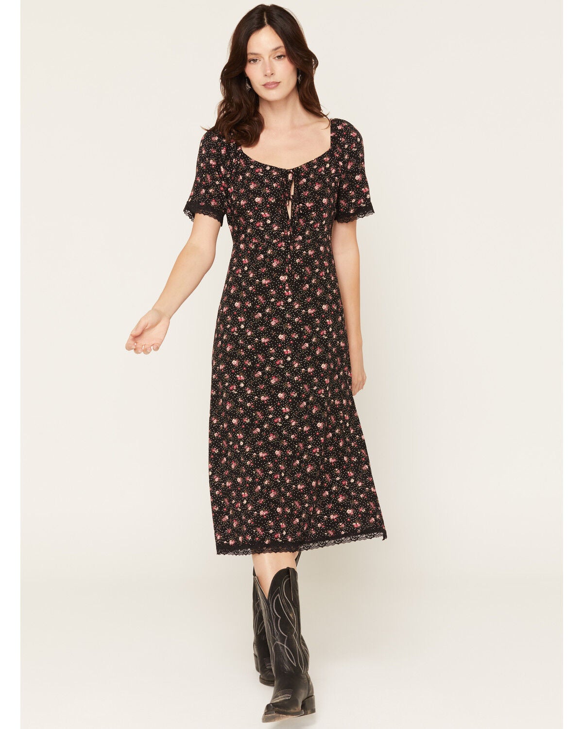 Idyllwind Women's Merion Floral Print Tie Front Midi Dress, Black, hi-res