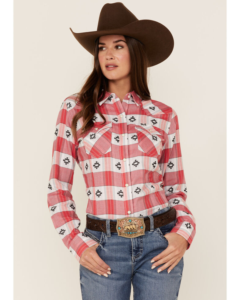 Wrangler Women's Retro Ikat Southwestern Plaid Western Snap Shirt, Red, hi-res