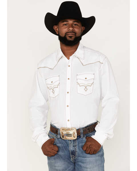Image #1 - Rock 47 By Wrangler Men's Embroidered Long Sleeve Snap Western Shirt , White, hi-res