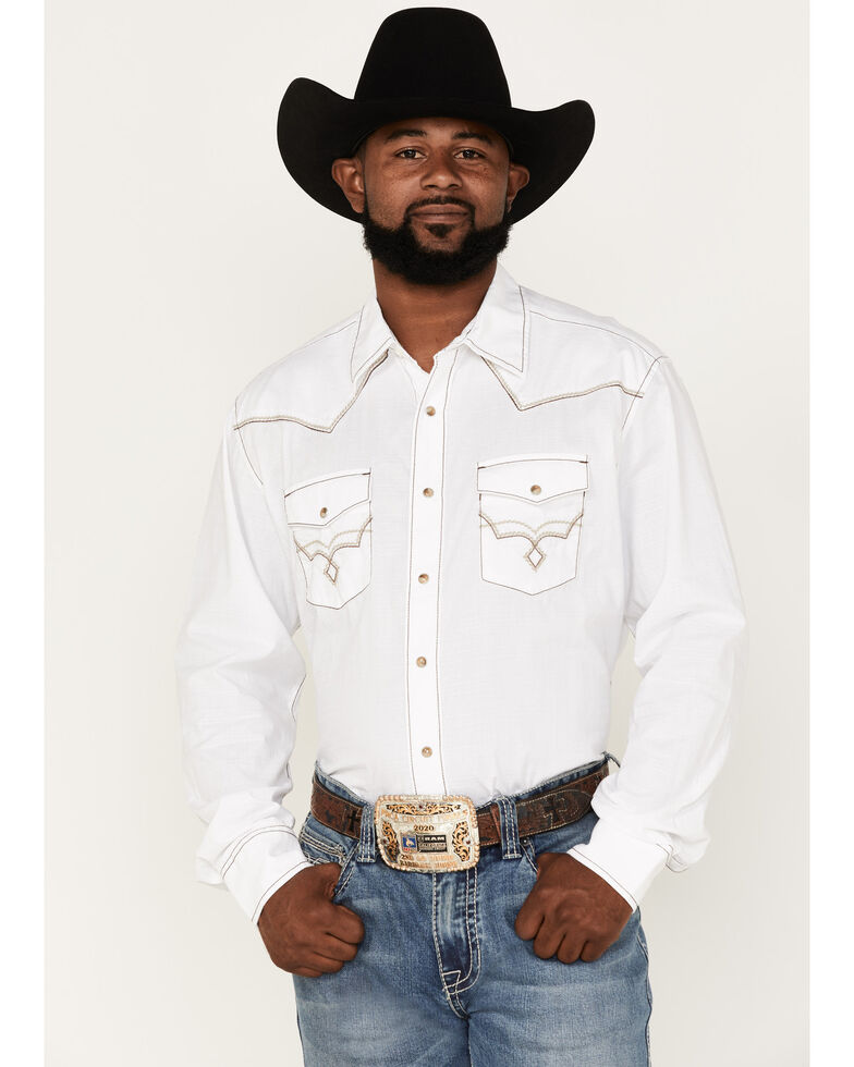 Rock 47 By Wrangler Men's Solid Embroidered Snap Western Shirt , White, hi-res