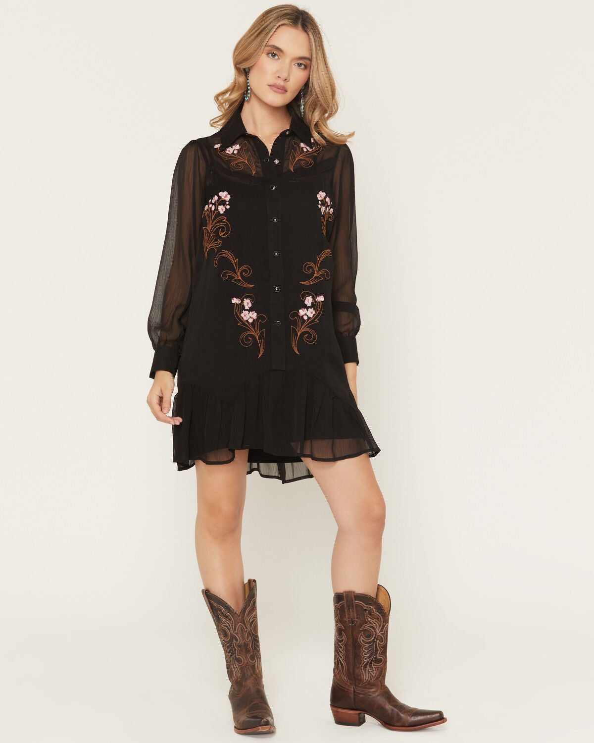 Sendero Provisions Women's Piper Floral Embroidered Sheer Long Sleeve Snap Western Mini Dress, Black, hi-res