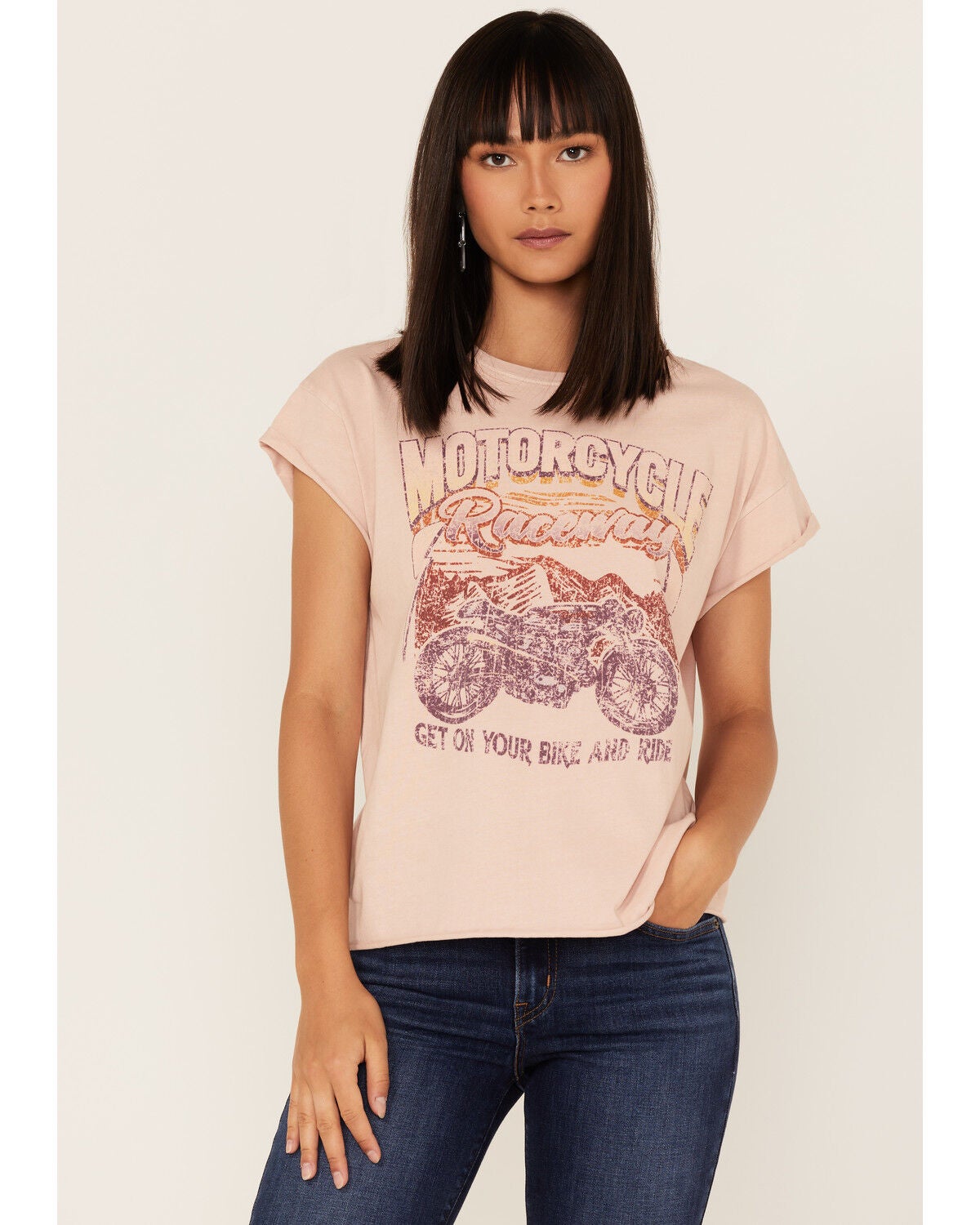 Cleo + Wolf Women's Motorcycle Raceway Vintage Graphic Tee, Peach, hi-res