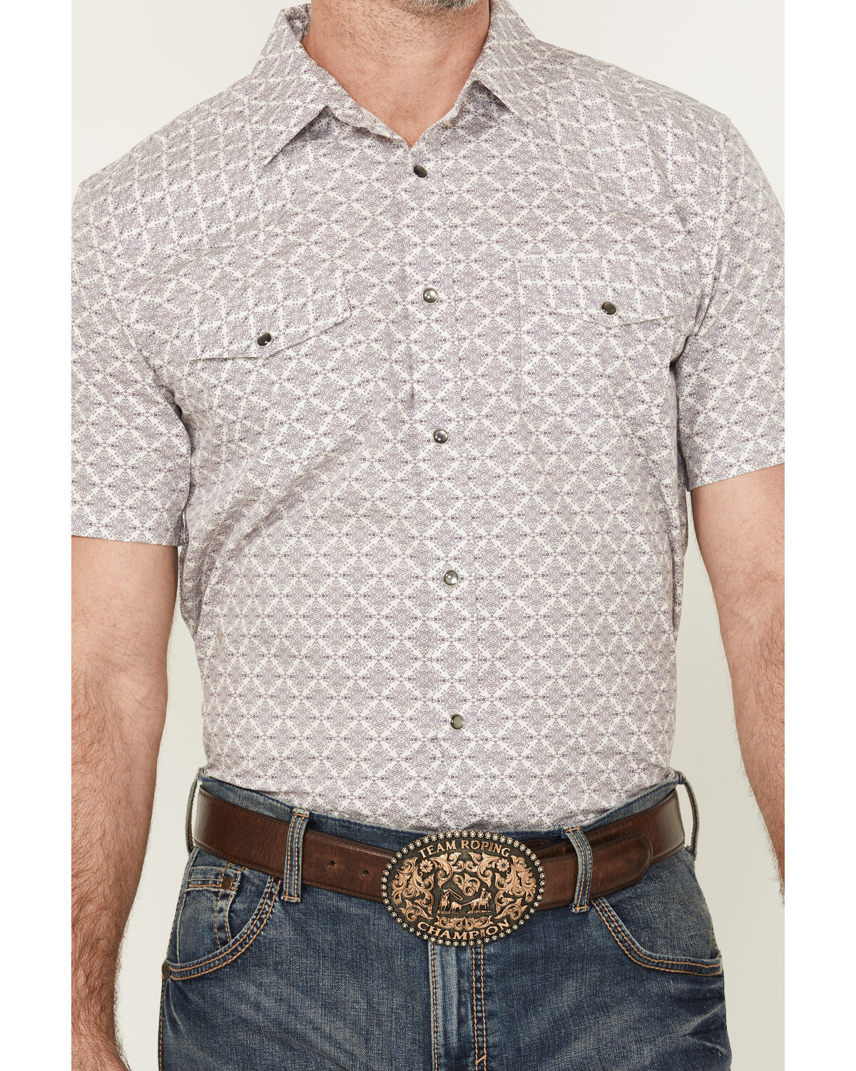 Image #3 - Gibson Trading Co Men's Purple Hazed Medallion Print Short Sleeve Pearl Snap Western Shirt, Purple, hi-res