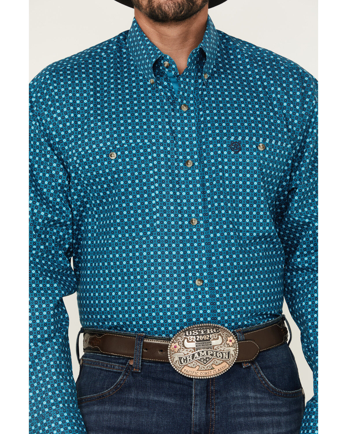 Image #3 - George Strait by Wrangler Men's Geo Print Long Sleeve Button-Down Stretch Western Shirt, Teal, hi-res
