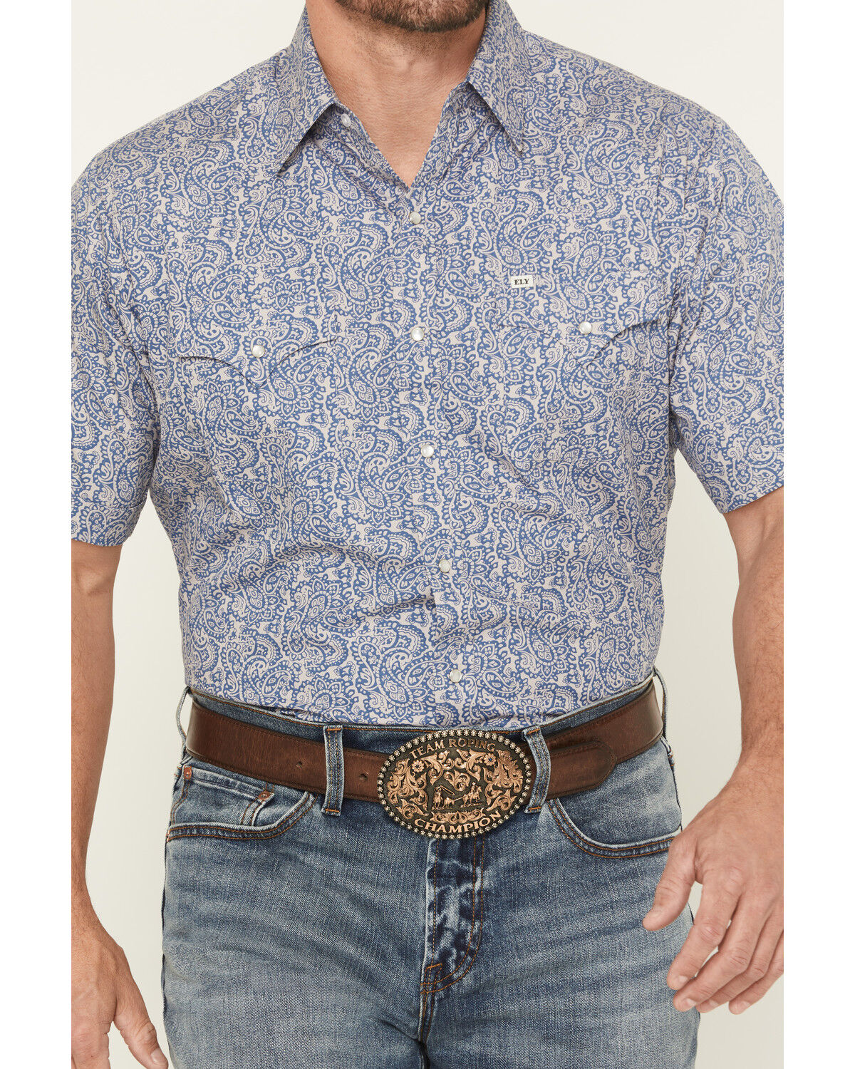 Image #3 - Ely Walker Men's Paisley Print Short Sleeve Snap Western Shirt, Navy, hi-res