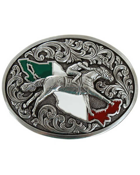 M & F Western Silver Mexican Flag Inspired Oval Horse Rider Belt Buckle, Silver, hi-res