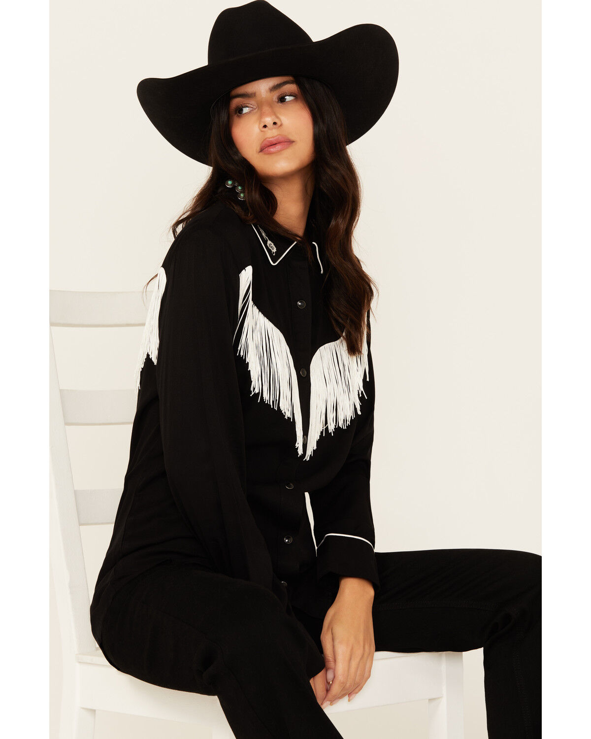 Image #1 - Wrangler Women's Fringe Long Sleeve Snap Western Shirt, , hi-res